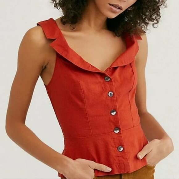 Free People Linen Cotton‎ Blend Because of You Top In Terracotta - Picture 1 of 10